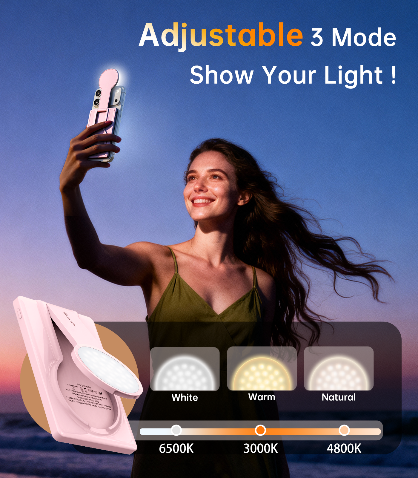 ULiXWH MagS-3 Power Bank (5000mAh, Selfie Light, Phone Stand, Pink)