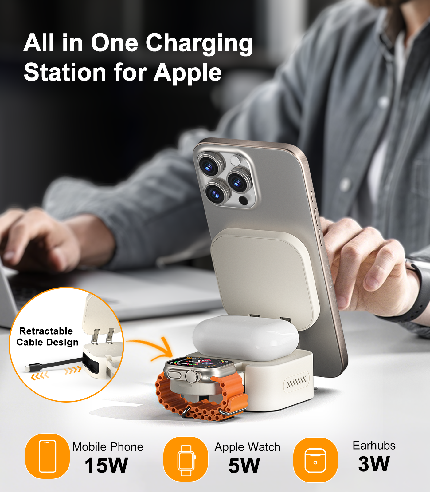 ULiXWH Retractable 3-in-1 Charging Station for Appple Decive (White)