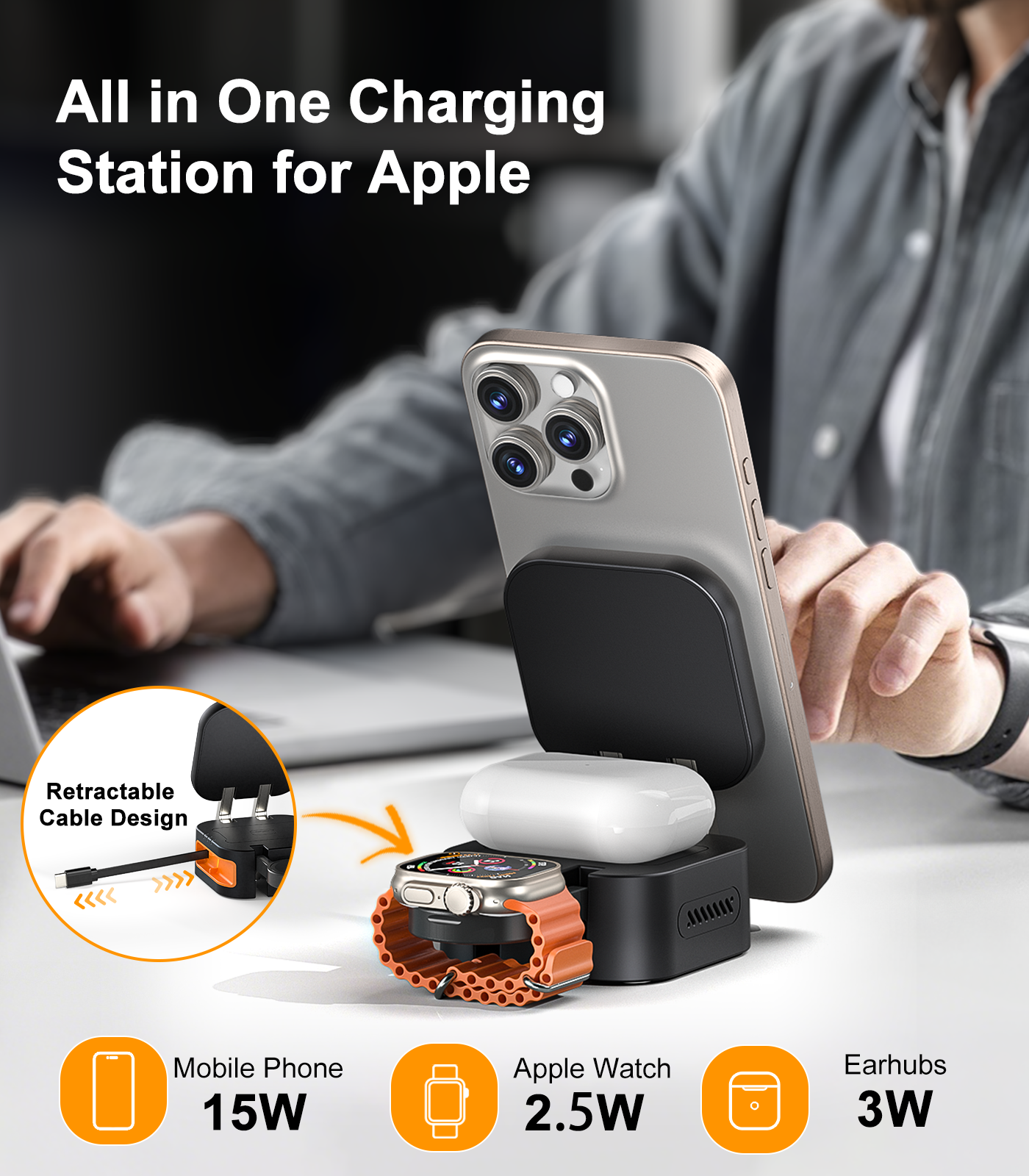 ULiXWH Retractable 3-in-1 Charging Station for Appple Decive (Black)