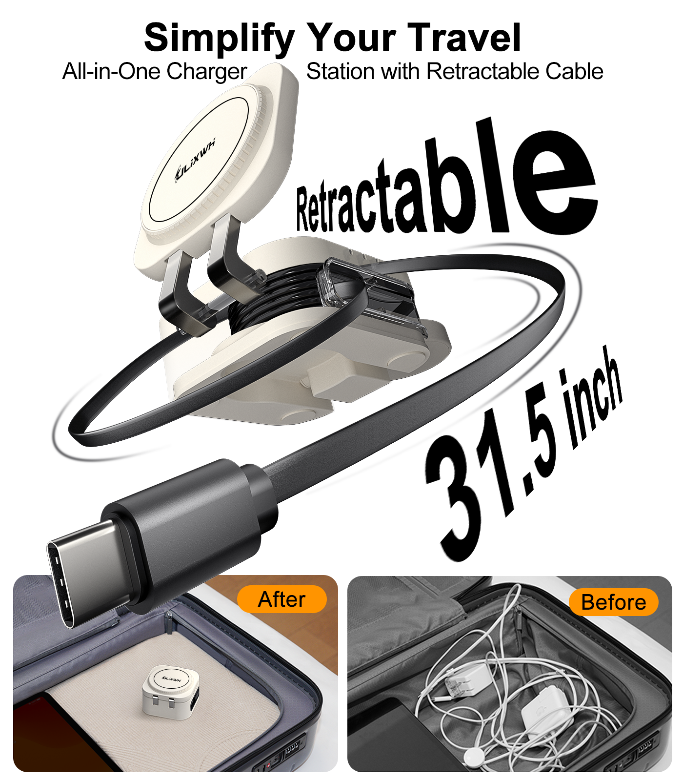 ULiXWH Retractable 3-in-1 Charging Station for Appple Decive (White)