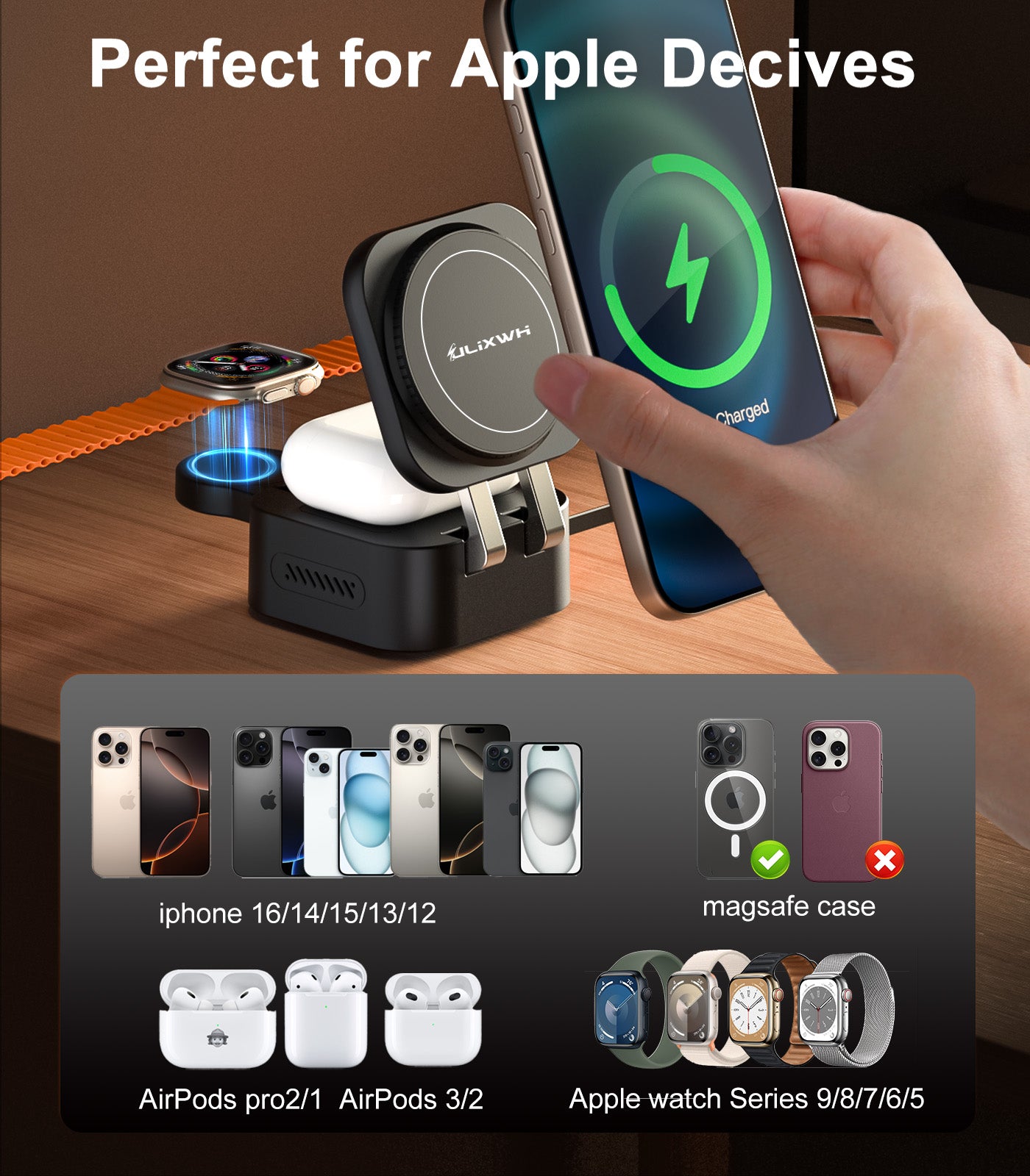 ULiXWH Retractable 3-in-1 Charging Station for Appple Decive (Black)